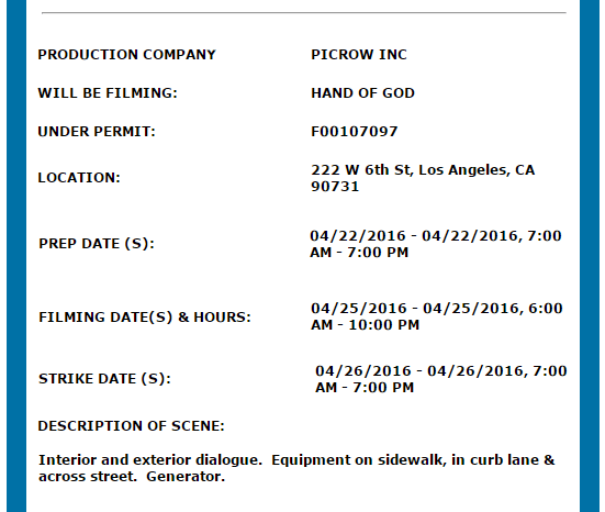 Hand of God 4-25 Filming Notice