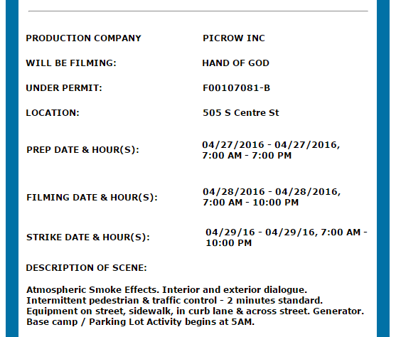 Hand of God 4-28 Filming Notice